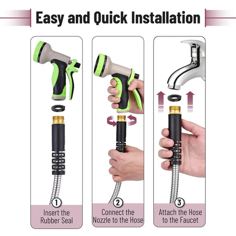 Diagram showing easy installation of Stainless Steel Garden Hose With 10 Function Spray Nozzle, 100 Ft No Kink Metal Water Hose.