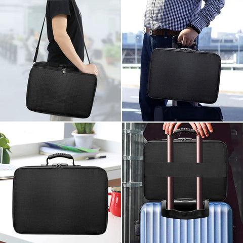 Fireproof Document Case With Lock Mega Size File Organizer Bag shown in use and travel scenarios, durable black design.