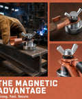 Heavy Duty Welding Ground Clamp With Strong Magnet And Copper Connector For Fast Secure接地 on metal with a gloved hand.