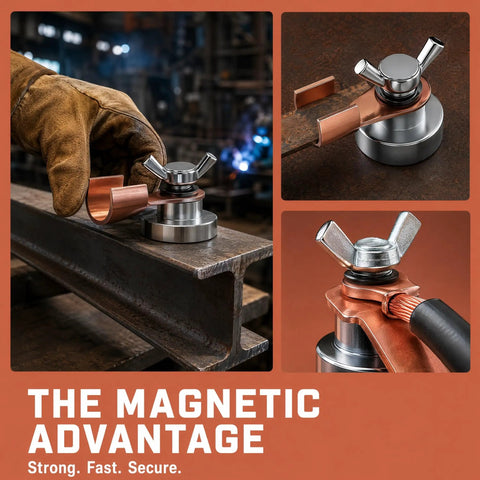 Heavy Duty Welding Ground Clamp With Strong Magnet And Copper Connector For Fast Secure接地 on metal with a gloved hand.