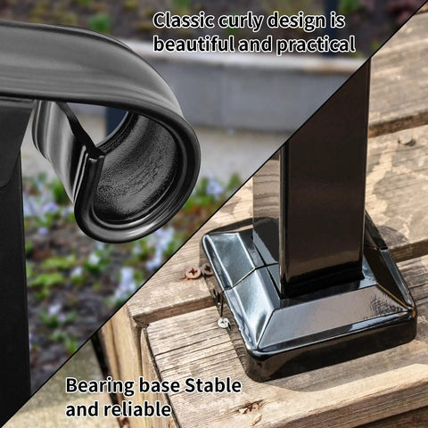 Close-up of Adjustable Handrail For Two Or Three Steps With Real Wrought Iron Material, showing curly design and sturdy base.