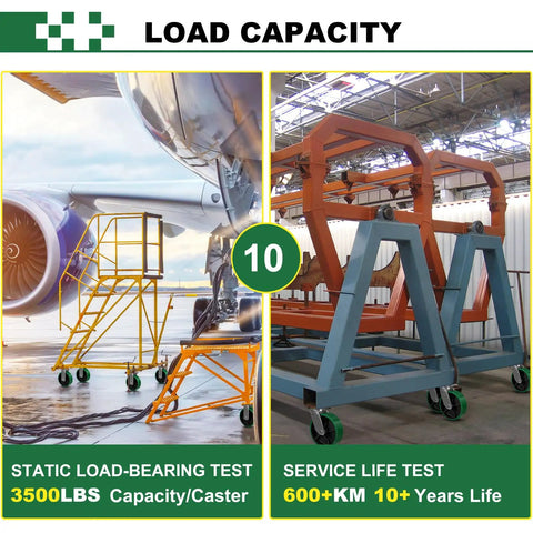 10X3 Inch Super Heavy Duty Casters Set Build Like A Tank With Tough As Nails Polyurethane Wheels Handles Up To 14000 Lbs Rolling Smooth On Flat Warehouse Floors With Dual Swivel And Locking Brakes For Rock Solid Cart Stability, showcasing load capacity tests on caster equipment.