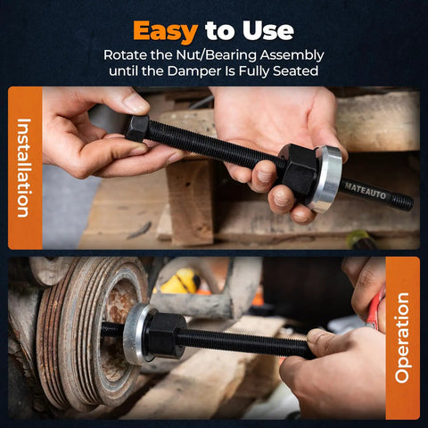 Hands using 5 Piece Harmonic Balancer Installer Kit With Long Reach Adapters M16x2.0 M14x1.5 M12x1.75 M12x1.5, Nut Bearing Assembly, And 3 Washers