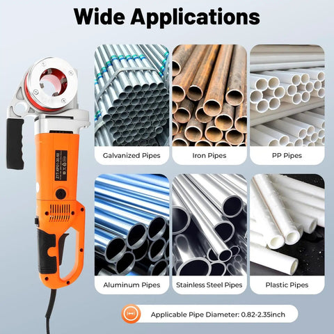 Heavy Duty Electric Pipe Threader Kit With Six Dies And Sturdy Toolbox, Handheld Ratchet For Galvanized Iron Steel Pipes, Auto Feed Design features various pipe types.
