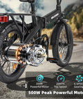 Close-up of Folding Fat Tire Electric Bike For Adults 20 Inch 3.0 Fat Tires 374.4Wh Battery 20 MPH E Bike showing rear wheel and motor