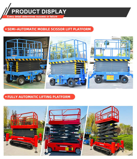 Heavy Duty Hydraulic Scissor Work Platform Lift With Massive Load Capacity For Seamless Indoor And Outdoor Projects displayed in blue and red models.