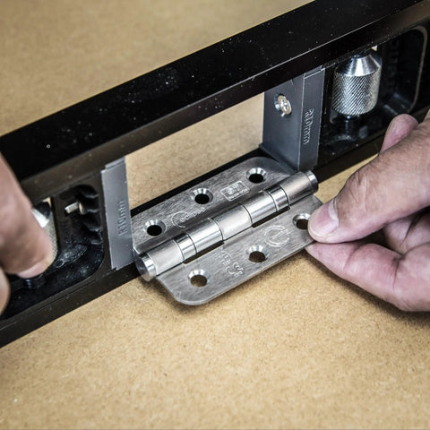 Adjustable Modular Door Hinge Router Jig For Timber Doors Fits Six Foot Eight Height Square And Ten Millimeter Radius Hinges, showcasing hinge placement.