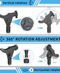 Kayak Track Rod Holder With Twist To Lock Adapter, 360 Degree Adjustable Track Adapter For Spinning And Baitcasting Reels, side view with 360° rotation diagram