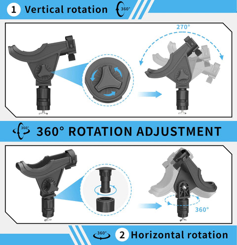 Kayak Track Rod Holder With Twist To Lock Adapter, 360 Degree Adjustable Track Adapter For Spinning And Baitcasting Reels, side view with 360° rotation diagram