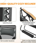 Details of the Zero Gravity Patio Lounge Chair with cup holder tray, showing solid structure, wooden armrests, headrest, and footrest foam.