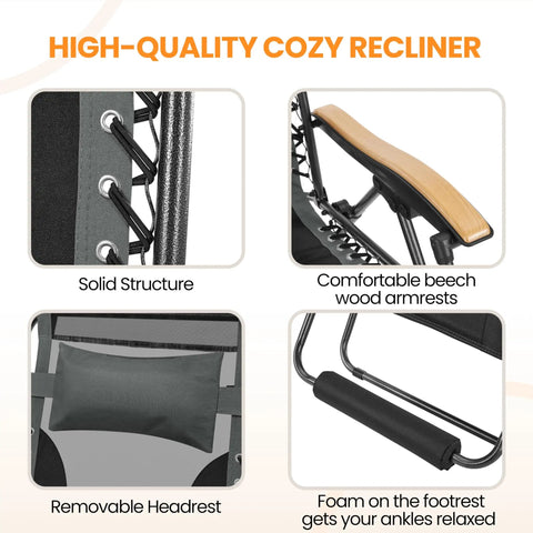 Details of the Zero Gravity Patio Lounge Chair with cup holder tray, showing solid structure, wooden armrests, headrest, and footrest foam.