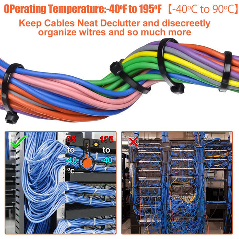 12 Inch Heavy Duty Zip Ties With 50 Lbs Tensile Strength securing colorful cables with temperature infographic