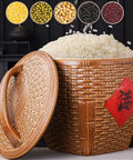 Asian Weave Ceramic Rice Dispenser With Tight Lid Big Kitchen Grain Bin Keeps Flour Tea Coffee Fresh with rice inside