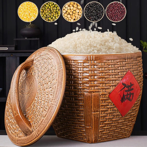 Asian Weave Ceramic Rice Dispenser With Tight Lid Big Kitchen Grain Bin Keeps Flour Tea Coffee Fresh with rice inside