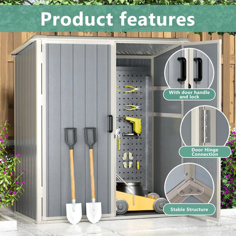 5x3 Foot Resin Outdoor Storage Shed With Floor And Lockable Door Heavy Duty Plastic Shed for Garbage Cans Tools Lawn Gear displayed