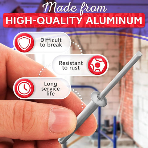 Person holding Heavy Duty Aluminum Long Rivets 3/16 X 1-1/2 Dome Head Blind Rivets With Long Grip 24 To 30 mm 25 Piece Set