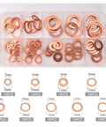 100 Piece Copper Crush Washer Kit With Nine Sizes From M5 To M14 For Oil Drain Plugs Banjo Bolts And Flat Gasket Seals Built For Your Auto Ride And Bike Maintenance, displayed in a compartmentalized container
