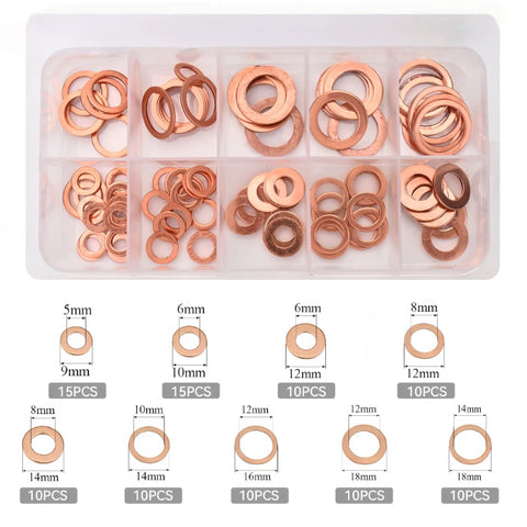100 Piece Copper Crush Washer Kit With Nine Sizes From M5 To M14 For Oil Drain Plugs Banjo Bolts And Flat Gasket Seals Built For Your Auto Ride And Bike Maintenance, displayed in a compartmentalized container