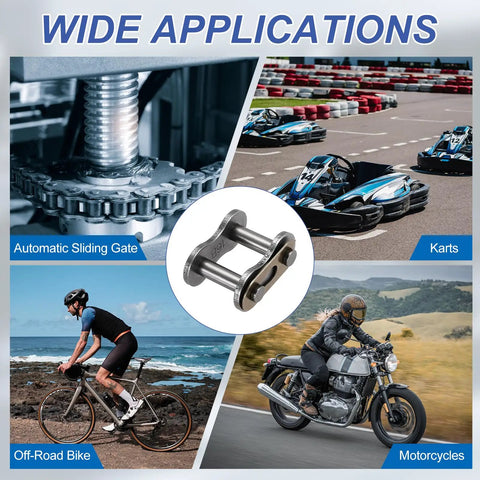 Heavy Duty ISO DIN 16B-1 Roller Chain Master Link Connector Kit With 25.4mm Pitch shown in various applications including karts, bicycles, and motorcycles.