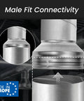 Close-up of 8 Inch To 4 Inch Duct Reducer Increaser Beefed Up Galvanized Steel Vent Pipe Adapter connection detail, made in Europe.