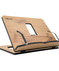 Side view of Oak Wood Book Stand With Adjustable Tilt For Reading And Cooking, showcasing sturdy 8mm thick oak and V-shape holder