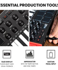 Close-up of MPK Mini MK3 25 Key USB MIDI Keyboard Controller with 8 backlit drum pads and knobs, showing OLED display, arpeggiator, and pedal input.