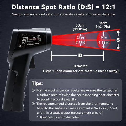 Non-Contact Infrared Thermometer Gun With Backlit Display, Instant Read From -50C To 550C, 12 To 1 Distance Spot Ratio, Adjustable Emissivity, Go-To Handheld Laser IR Thermometer For Home, Kitchen, Automotive, Black; 12:1 D:S diagram