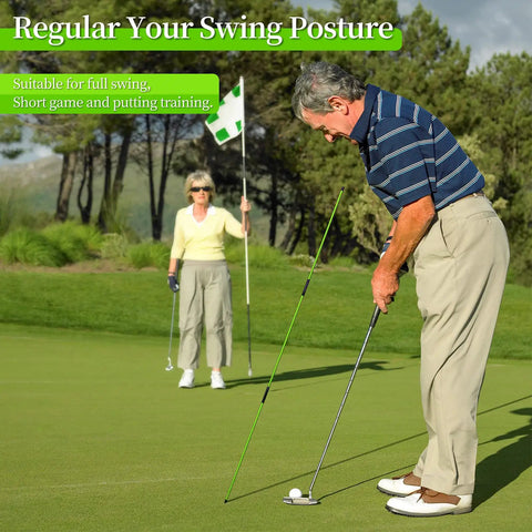 Golfer using Two Pack 48 Inch Collapsible Golf Alignment Sticks Training Aid For Aiming And Swing Path, Practice Like A Pro on green