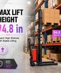 Heavy Duty 3300 Lbs Electric Pallet Stacker With Manual Push Handles For No Sweat Warehouse Loading And Industrial Grade Material Handling Rigs Built To Last shows max lift height of 94.8 inches.