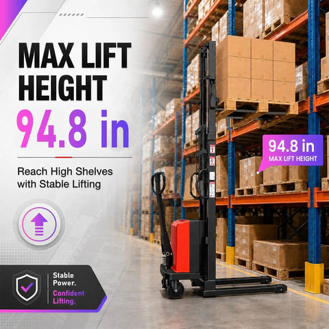 Heavy Duty 48V 1600W Semi Electric Pallet Stacker Premium Steel Frame Built Tough 3300 Lb Capacity with 94.8in max lift in warehouse.
