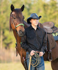 Rainbow And Black Bitless Bosal Attachment For Your Headstall Easy Clip On Bitless Horse Tack Affordable Way To Ride Bitless Reins Attach To Bottom Loop Snug Quick Connection Durable on horse with rider in cowboy hat
