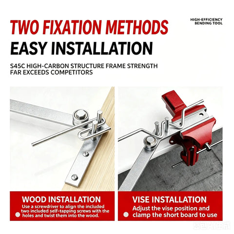 Compact Manual Rebar Bender And Wire Bending Jig For Garages Desktop Tubing Forming Tool displayed showing wood and vise installation methods.