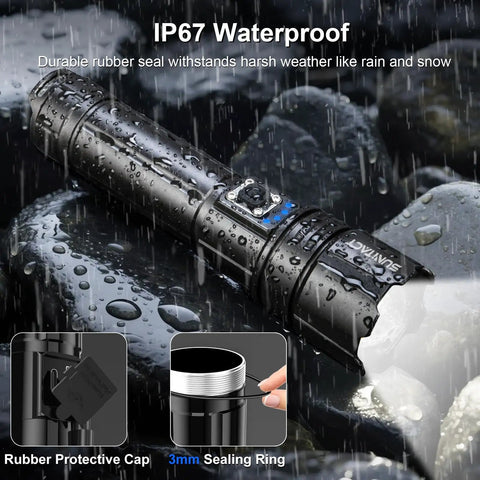 Ridiculously Bright 20000 Lumen USB Rechargeable LED Flashlight, IP67 waterproof design with rubber seal, on wet rocks