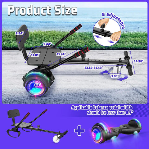 Seat Attachment Kids And Adults Scooter With Adjustable Frame 23.6 To 31.4 Inches, 6.5 Inch And 8.5 Inch Balancing Scooter, Bluetooth Speakers, Colorful LED Lights, Kart Attachment For Fun, Easy Rides dimensions and design.