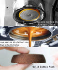 Two Pack 53.3mm Espresso Puck Screen With Handmade Walnut Stand in use during coffee extraction, demonstrating even water distribution.