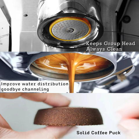 Two Pack 53.3mm Espresso Puck Screen With Handmade Walnut Stand in use during coffee extraction, demonstrating even water distribution.