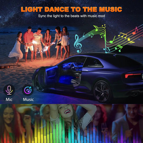Lit Interior Car LED Strip Lights With Wireless App And Remote Control, RGB lighting in car with beach backdrop and music notes