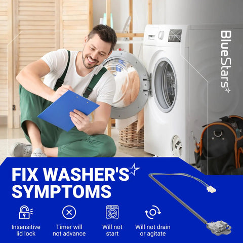 Technician with clipboard beside washer showcasing Ultra Durable Washer Lid Switch Replacement For Whirlpool And Kenmore Fits 285671 3352629 3352630 3352634 AP3094500 3355808 EA334600 AH334600 Easy Install No Fuss Setup Reliable Performance Long Lasting Quality image
