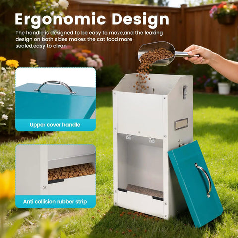No Sweat Automatic Dog Feeder For Large Breeds With Galvanized Dry Food Dispenser and Clear Gravity Door Blocks Critters in garden.