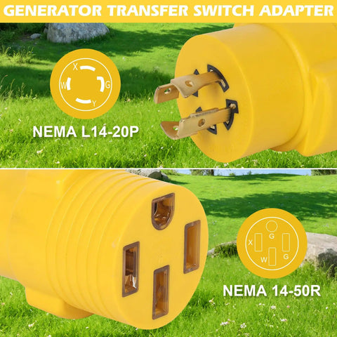 Nema L14 To 14 50 R Adapter For Ev And Rv Setup Twist Lock Generator Power Cord Connector showing yellow twist lock adapter details.