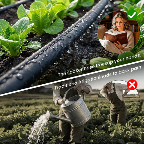Heavy Duty Thickened Flat Soaker Hose 100Ft With Copper Joint watering veggie patch, showing water efficiency and hands-free use