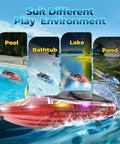 Two Pack RC Boat Set With LED Lights For Pool, Lake, River And Bathtub showing different play environments and LED effects