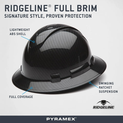 Ridgeline Full Brim Workhorse Hard Hat With 4 Point Ratchet Fit, Shiny Black Graphite Pattern, HDPE Shell showcased sideways.
