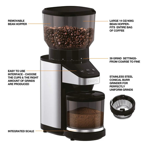 Hella Precise Automatic Coffee Grinder With Built In Scale And Thirty Nine Custom Settings For Bang Perfect Home Brews Solid Daily Ritual With Fourteen Oz Bean Hopper Sleek Black Design, showcasing removable hopper and integrated scale.