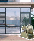 Heavy Duty Steel Groove Caster Wheel One Point Two Inch Rigid Mount Roller Bearing For Industrial Cart And Sliding Gate shown with sliding gate.