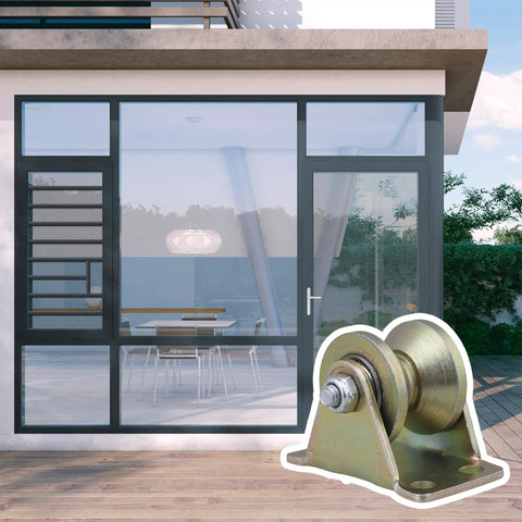 Heavy Duty Steel Groove Caster Wheel One Point Two Inch Rigid Mount Roller Bearing For Industrial Cart And Sliding Gate shown with sliding gate.