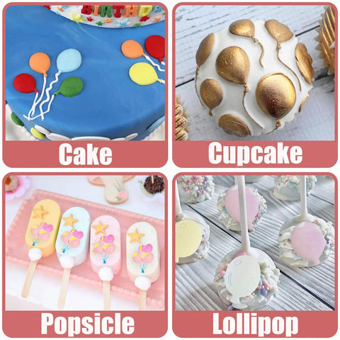 Balloon Silicone Molds Set Of 5 for cake decorating including cake, cupcake, popsicle, and lollipop toppers on display.
