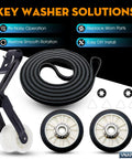 All In One Dryer Repair Kit With Drum Rollers Idler Pulley And Belt For Whirlpool Amana Maytag KitchenAid Dryers Your Go To Replacement For WED4815EW1 NGD4655EW2 shown with belt and pulley.