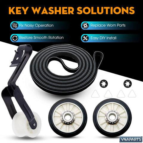 All In One Dryer Repair Kit With Drum Rollers Idler Pulley And Belt For Whirlpool Amana Maytag KitchenAid Dryers Your Go To Replacement For WED4815EW1 NGD4655EW2 shown with belt and pulley.