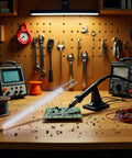 Electric soldering iron on a stand with adjustable temperature, over a green PCB on a workbench.